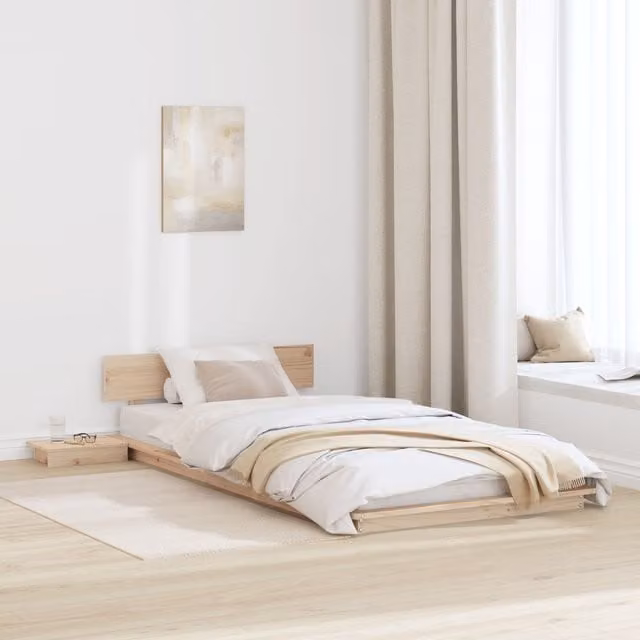 Berkfield Home Solid Pine Wood Floor Bed Frame with Headboard and Bedside Tables, Brown, W/D/H: 90 x 200 cm