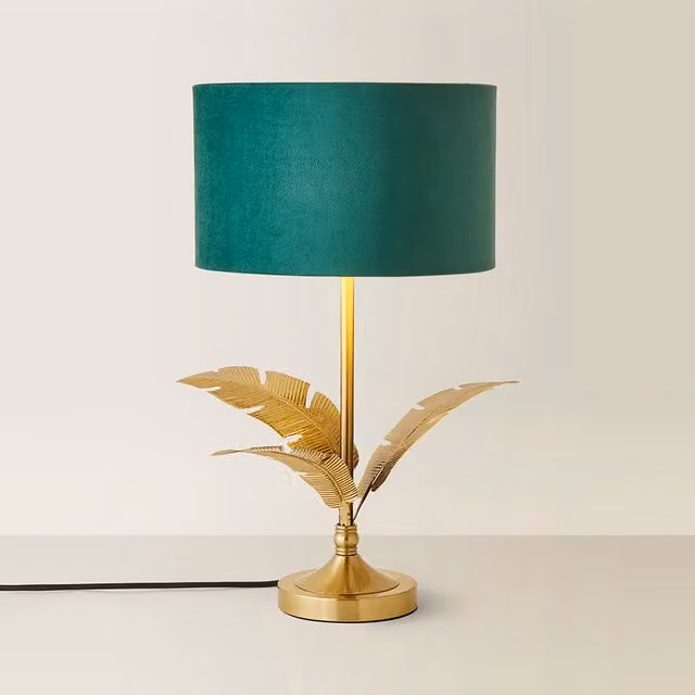Christina Palm Leaf Table Lamp with Green Fabric and Gold Metallic Shade