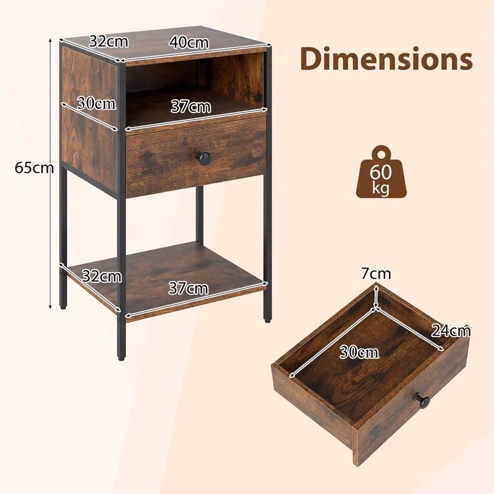 Kelvenix Industrial End Table Nightstand with Open Compartment in Brown – 2