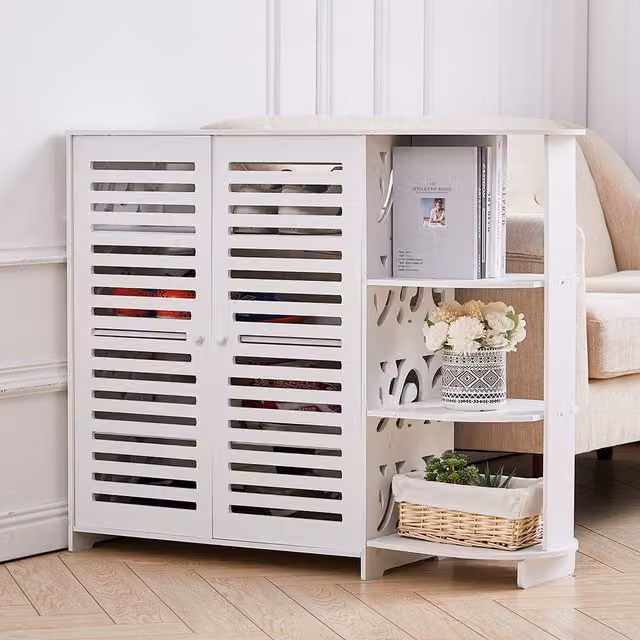 Livingandhome Modern White Freestanding Shoe Cabinet with Hinged Doors and Internal Shelves