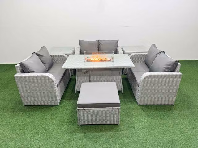Fimous 7 Seater PE Wicker Rattan Garden Furniture Set in Light Grey with Firepit Dining Table, 2 Seater Love Sofa, Ottoman and 2 Side Tables