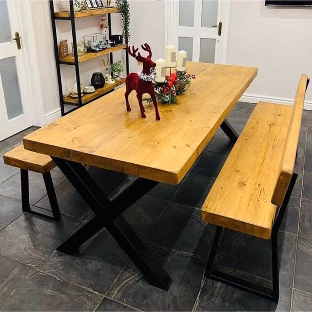 TRL Handmade Furniture Mid Oak Chunky Dining Table and Bench Set, W/D/H: 140 x 80 x 75 cm
