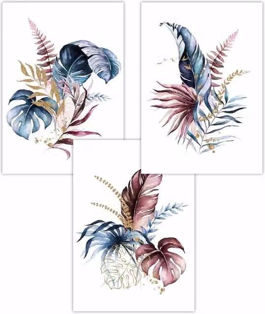 ARTZE Set of 3 Boho Botanical Leaves Art Posters in Blue, Pink and Gold, W: 30 cm, H: 42 cm
