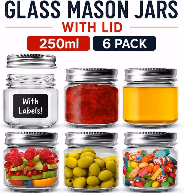 volila 6 Pack Transparent Glass Mason Jars with Silver Leakproof Lids, Labels and Pen, 250 ml