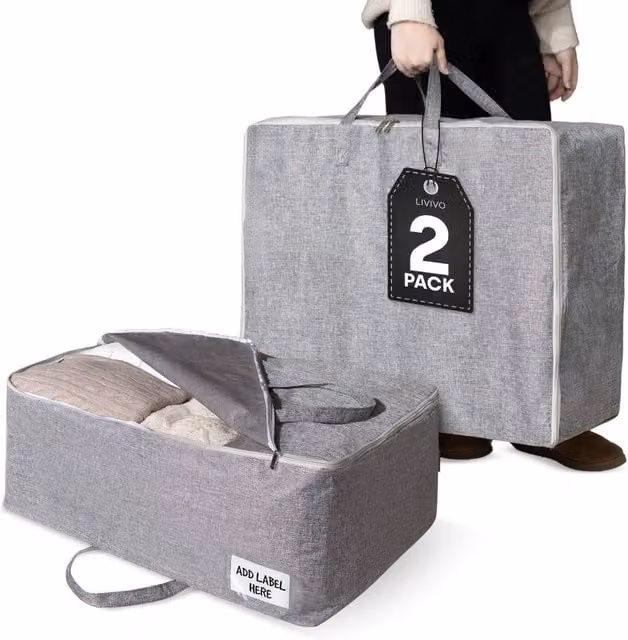 Kelvenix 2 Pack 75L Fabric Storage Bags for Clothes and Duvets in Grey – 1
