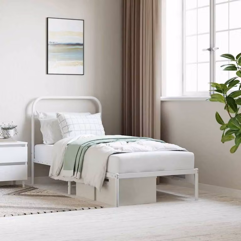 Berkfield Home Metal Bed Frame with Headboard in White, W/D/H: 90 x 190 cm Single