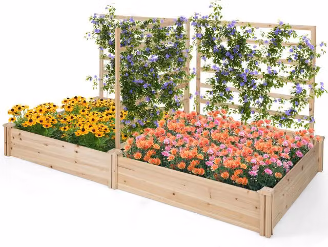 COSTWAY Wooden Outdoor Raised Garden Bed with 3 Trellises, Yellow