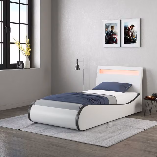 SlumberWorx Single Upholstered Bed Frame with LED Headboard in White, Black and Multicolour Faux Leather