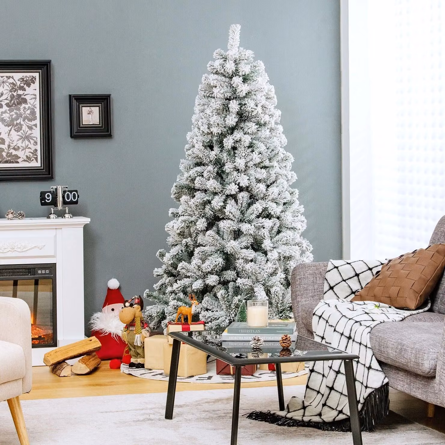 Gymax Snow Flocked Artificial Christmas Tree, Unlit Hinged Xmas Tree in Green – 2