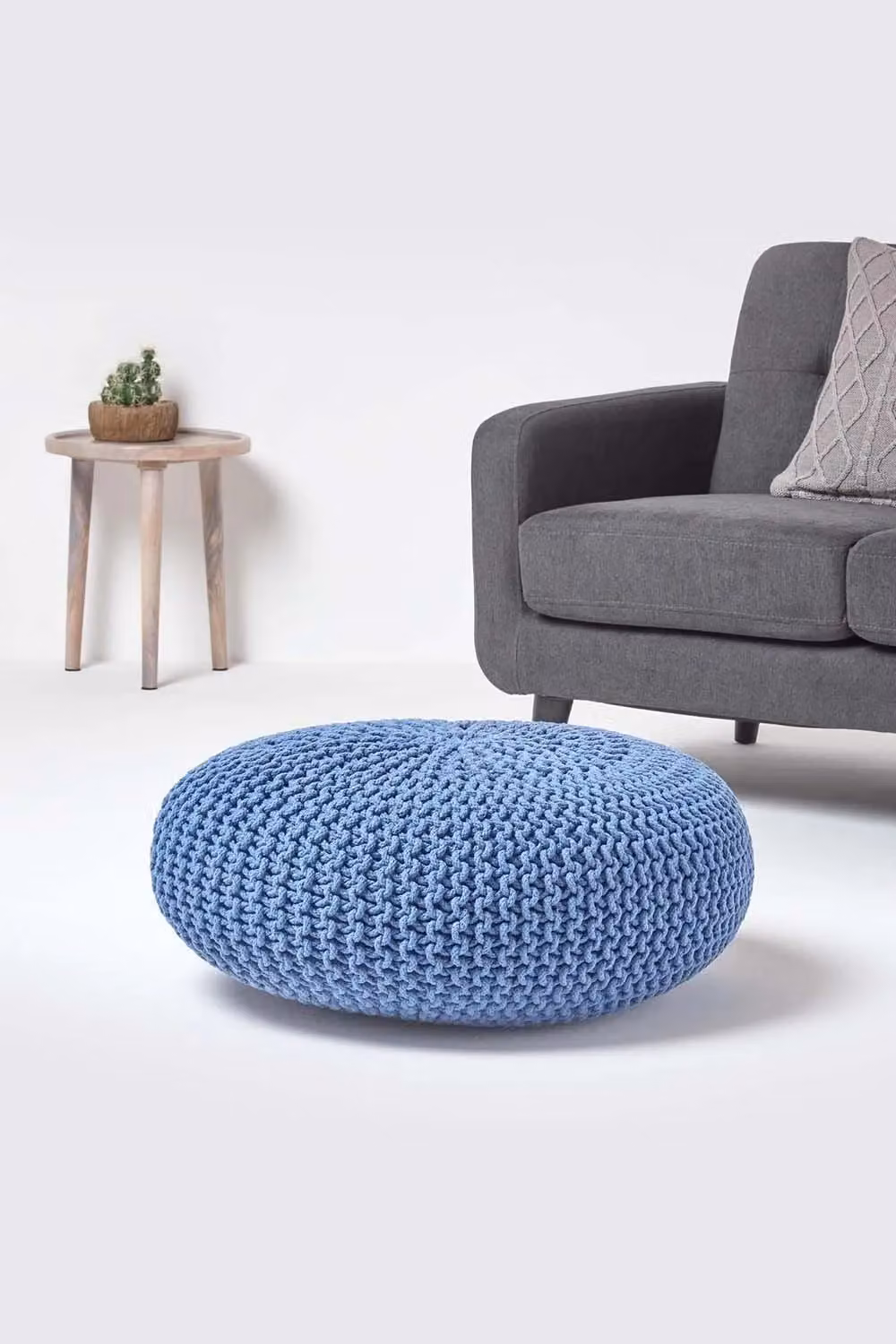 Homescapes Large Round Blue Cotton Knitted Pouffe Footstool – 2