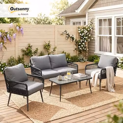 Outsunny 4 Seater Rattan Garden Furniture Set in Black with Upholstered Cushions and Coffee Table – 2