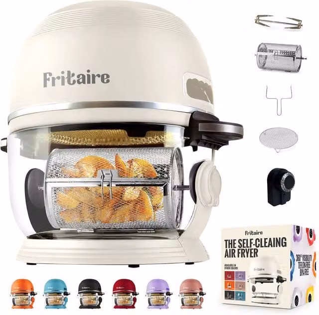 Fritaire Non-Toxic White Air Fryer with Rotating Glass Basket, Teflon and BPA Free
