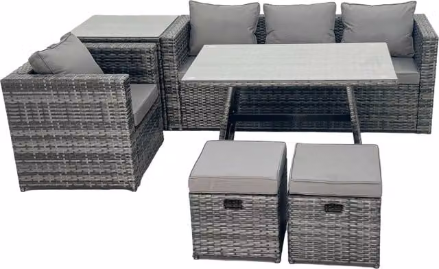 Fimous Rattan Dining Table, Sofa Set, Side Table and Small Footstool in Dark Grey – 1