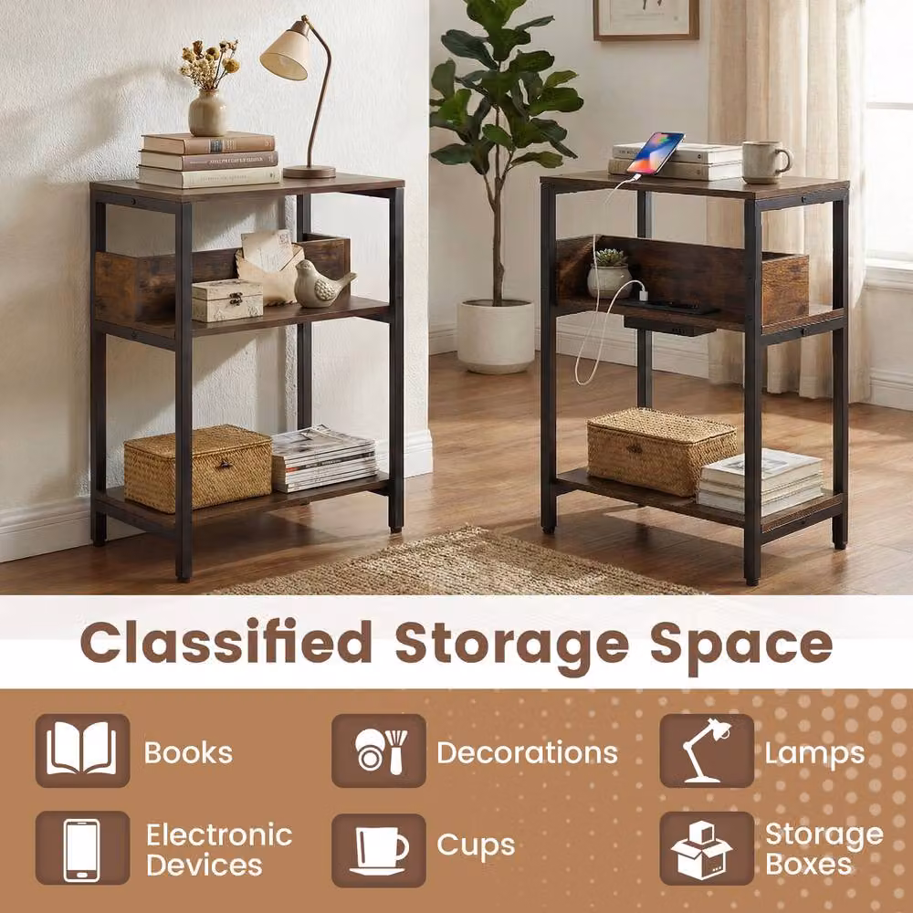 Costway Industrial 3-Tier Side Table with Charging Station in Brown – 7
