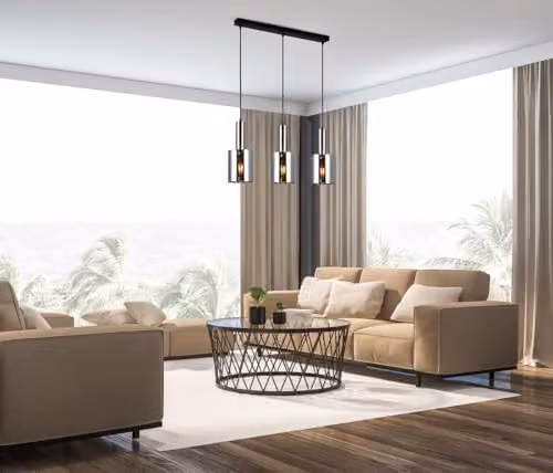Netlighting Modern Suspended Cylinder Pendant Light with Grey Glass Shades in Black and Silver – 2