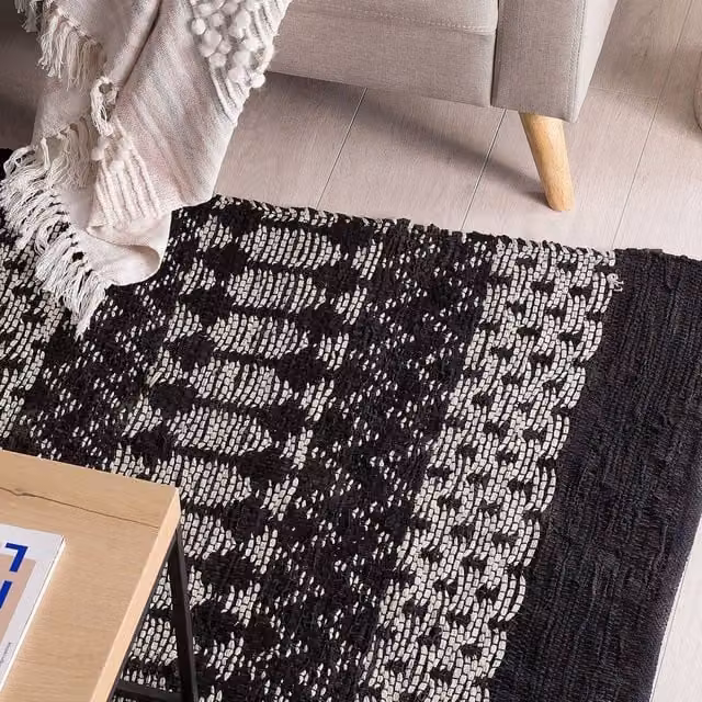 Wyld and Coco Black and White Patchwork Leather and Cotton Woven Rectangular Area Rug W: 140 cm, L: 200 cm