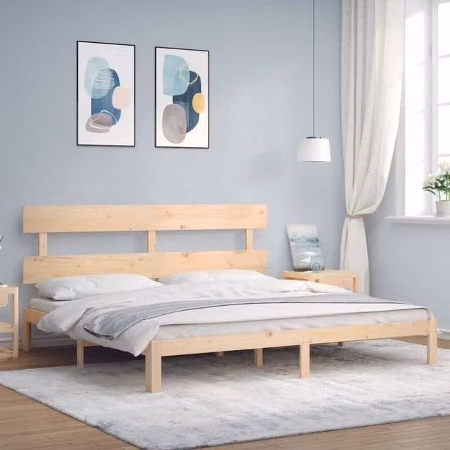 Berkfield Home Rustic Solid Pine Bed Frame with Headboard, Brown, W/D/H: 200 x 200 cm – 1