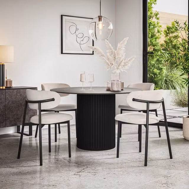 Arlo Modern Round Dining Table and 6 Chairs Set in Beige Linen