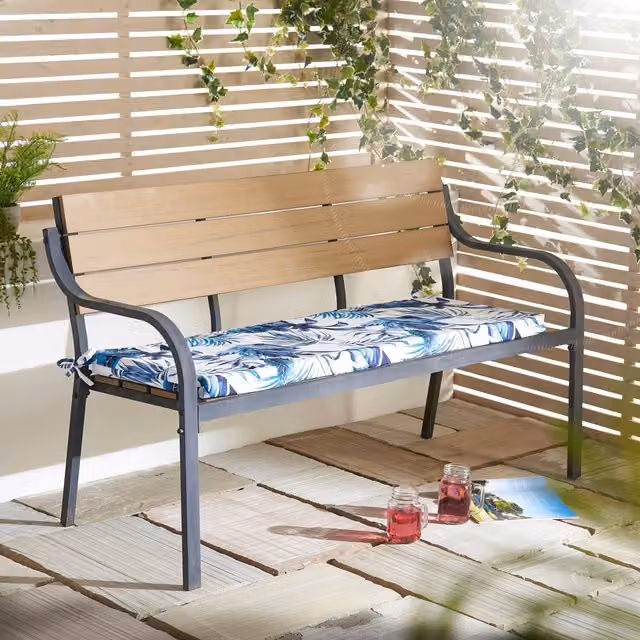 Terrys Blue Rectangular Outdoor Bench Pad, Water Repellent and UV Resistant, W/D/H: 125 x 45 x 45 cm