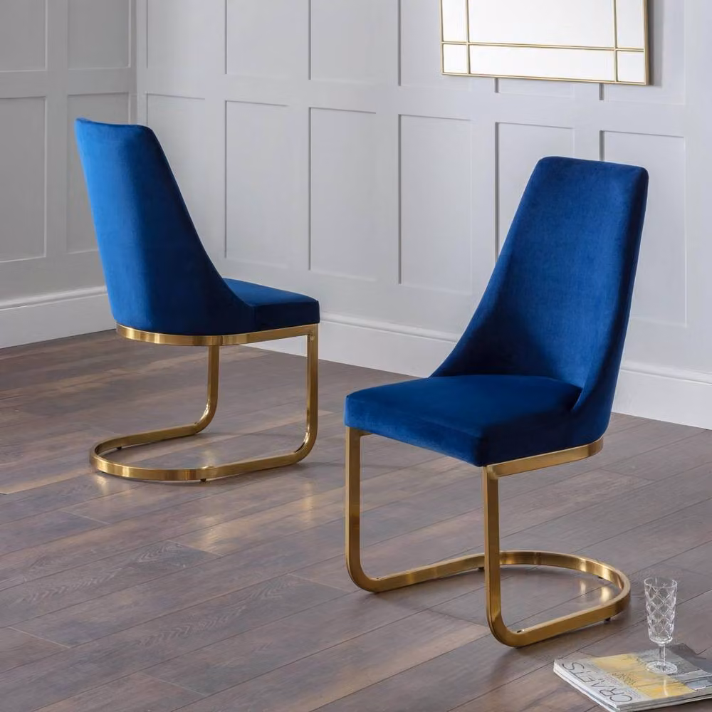 Cheshire Westbridge Set of 2 Elegant Blue Velvet Cantilever Dining Chairs with Gold Metal Base – 4