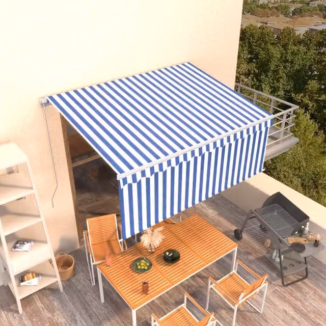 Berkfield Home Manual Retractable Awning with Blind, Blue and White, W: 350 cm, D: 250 cm