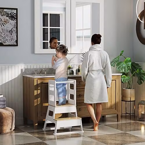 AIYAPLAY 2 in 1 Toddler Tower Step Stool with Chalkboard and Safety Rail, White – 2