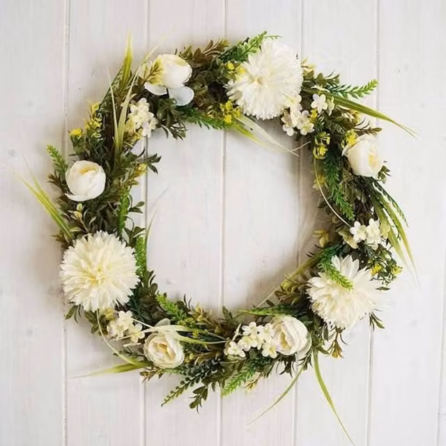 Annibells Round Spring Floral Wreath with White and Yellow Flowers and Leaves