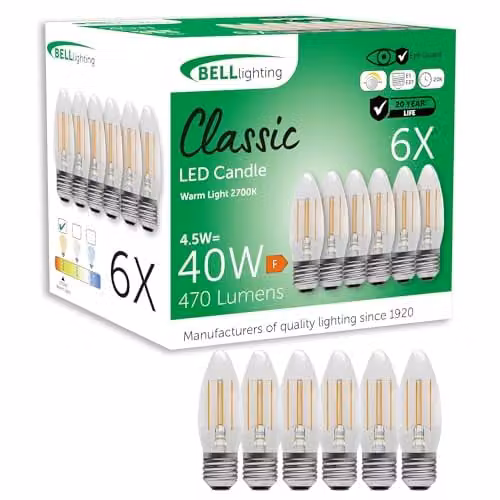 BELL Lighting E27 Dimmable LED Filament Candle Bulbs, Warm White, 4.5W, Pack of 6