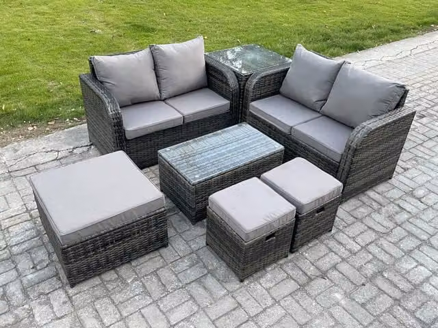 Fimous 7 Seater Rattan Garden Furniture Set in Dark Grey with L-Shape Sofa, 2 Seater Sofa, Coffee Table, 3 Footstools and Side Table