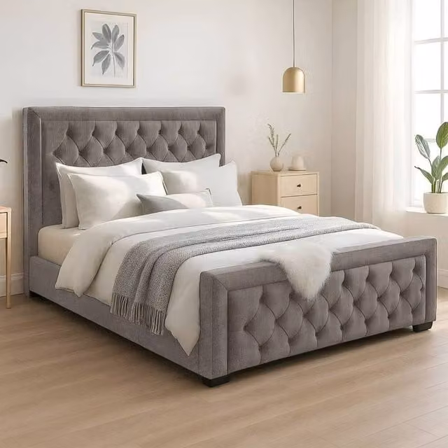 Bed Time UK Naples King Size Upholstered Bed Frame with Chesterfield Floor Standing Headboard in Grey