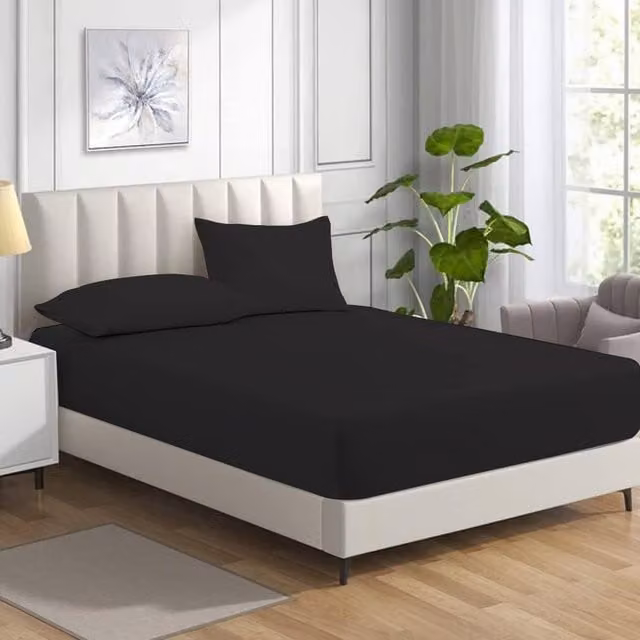 Homes-Linen Non Iron Polycotton Fitted Sheet in Black, Super King, Depth: 25 cm