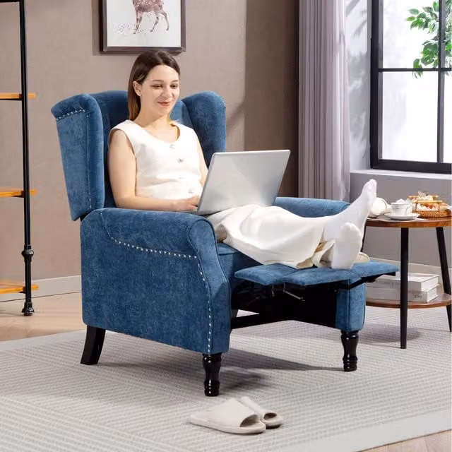 HOMCOM Royal Blue Fabric Wingback Recliner Armchair with Button Tufted Back