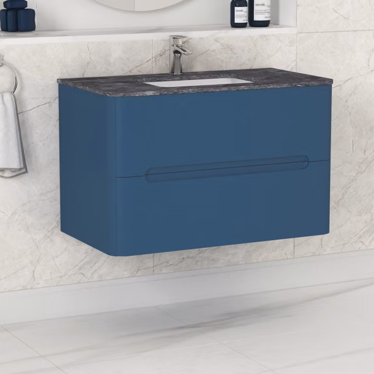 Royal Bathrooms Venice Art Deco Wall Hung 2 Drawer Vanity Unit in Midnight Blue with Black Star Stone Top