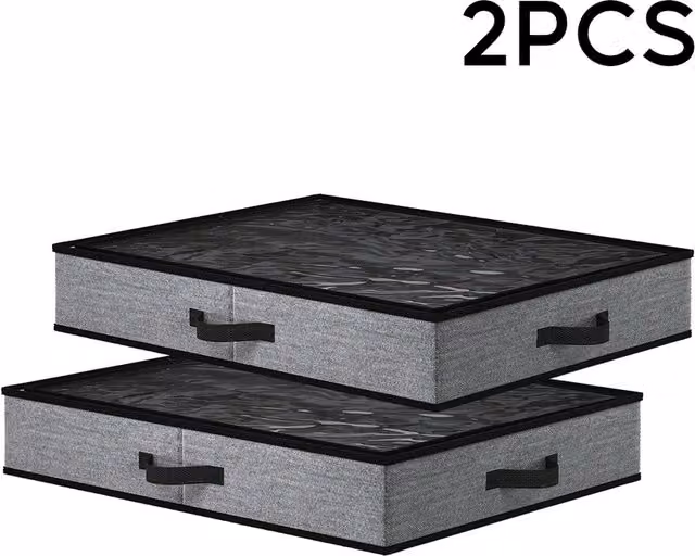 Komore 2-Piece Set of Foldable Non-Woven Fabric Underbed Storage Baskets with Handles in Black and Grey