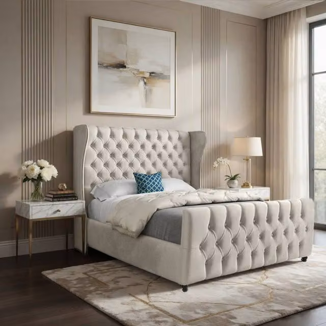 KDMD Keysoe Upholstered Designer Bed Frame in Beige Soft Velvet, Super King Size (200 x 200 cm) – 1