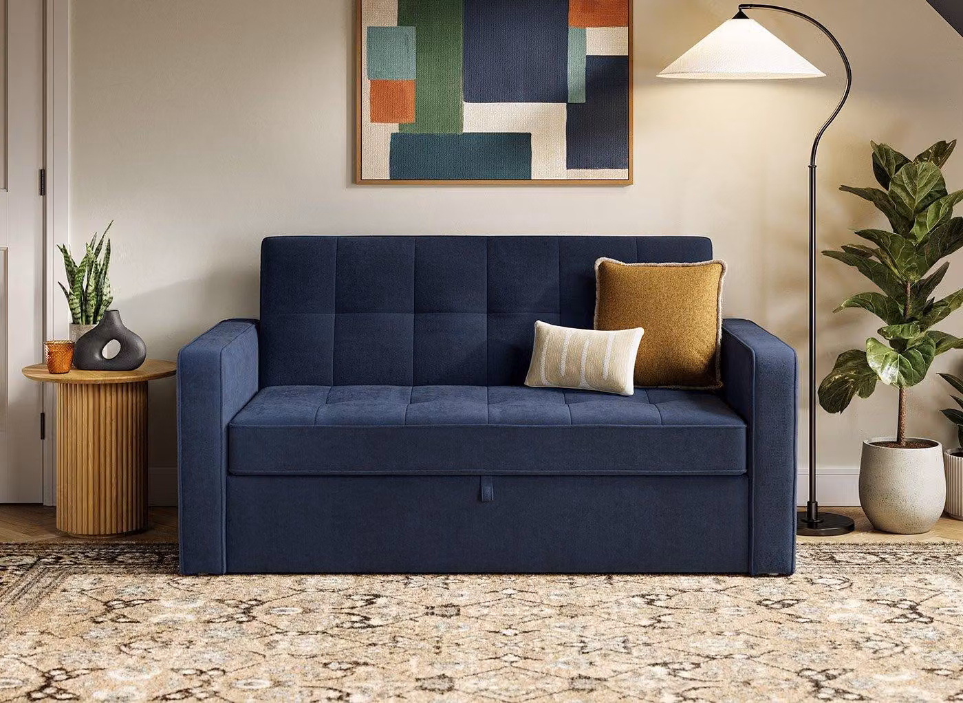 Dreams Haze 2-Seater Pull-Out Sofa Bed in Blue or Brown with Spring Core and Click-Clack Mechanism