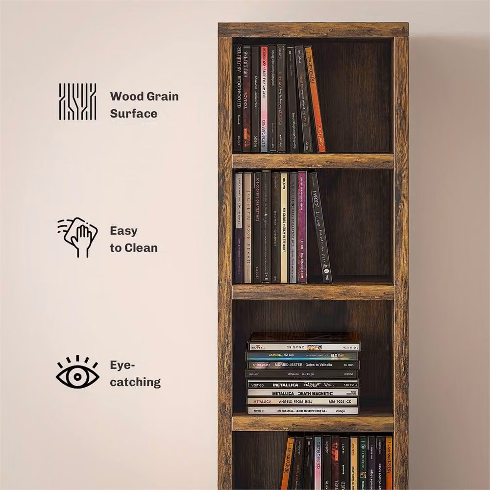 EONLION Rustic Brown Wood CD Storage Unit with Media Compartments, Width: 100 cm – 3