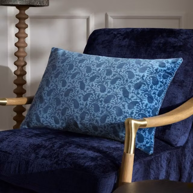 Paoletti Seventy Three Boteh Printed Velvet Boudoir Cushion, Blue, W: 60 cm, H: 40 cm