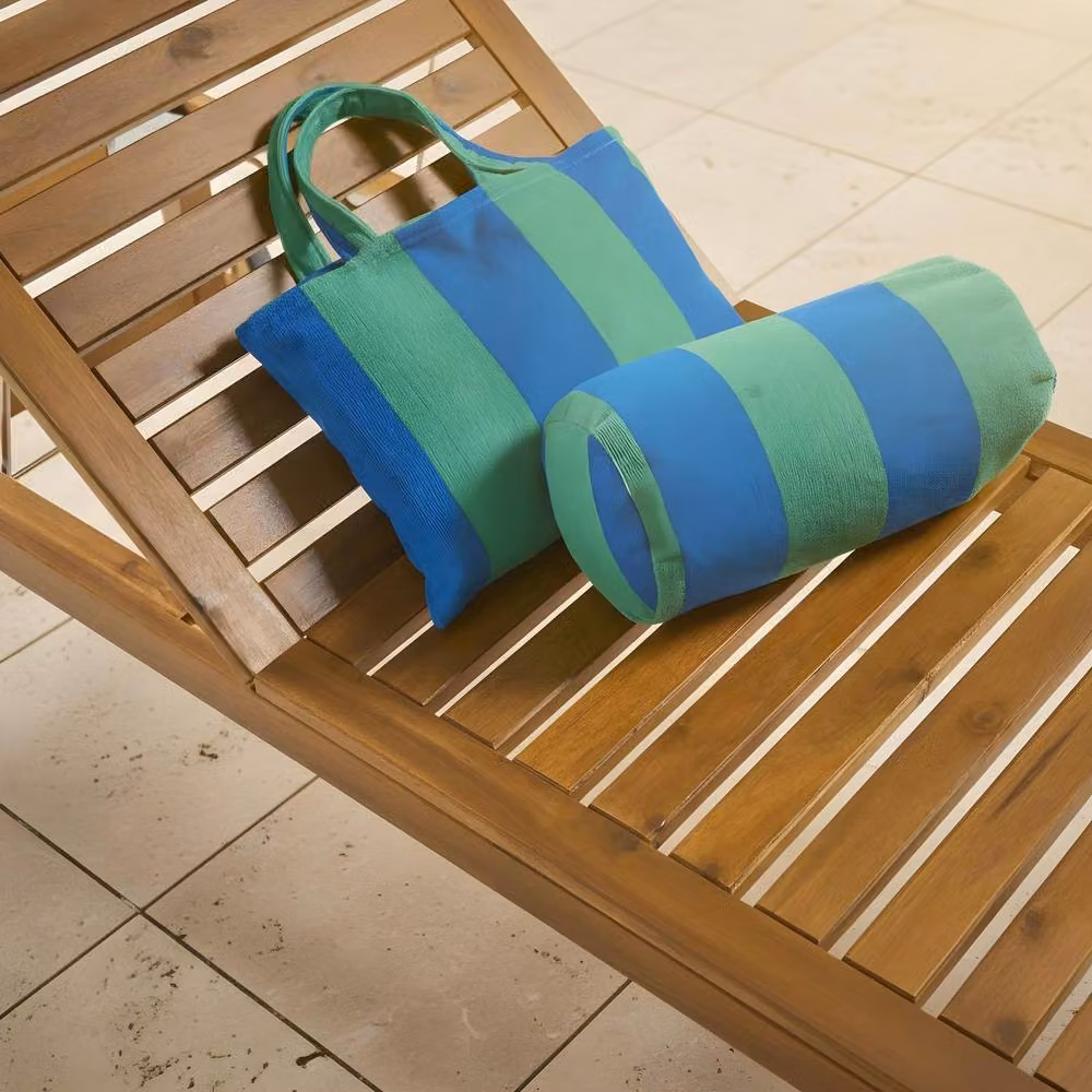 OHS Green and Multicolour Striped Microfibre Quick-Drying Beach Towel and Inflatable Bolster Pillow Set with Bag – 3