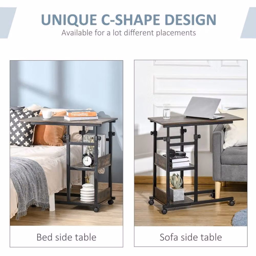 STILVORA C-Shaped Side Table with 3-Tier Storage and Castors in Brown – 4