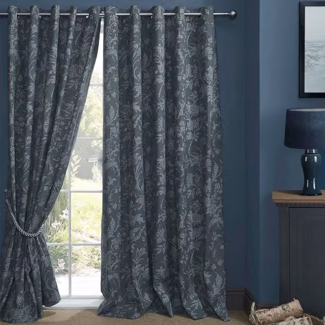 Laura Ashley Lloyd Floral Cotton Eyelet Curtains in Midnight Blue and Grey