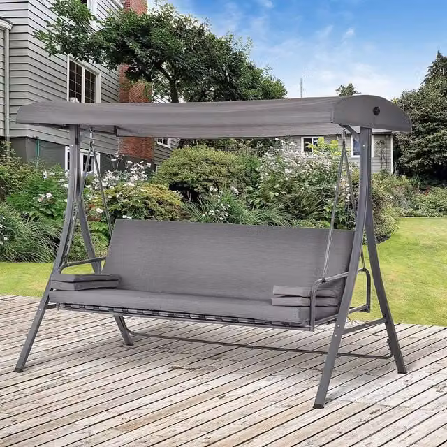 OUTSUNNY 2-in-1 3 Seater Patio Swing Chair and Hammock with Sun Canopy and Cushions in Grey