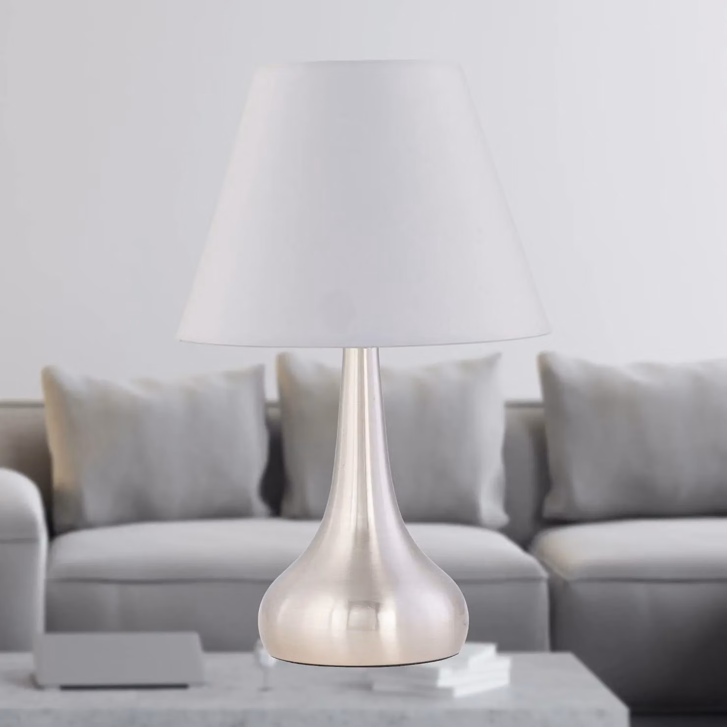First Choice Lighting Romana Touch Operated Table Lamp in Brushed Chrome with Ivory Fabric Shade – 2