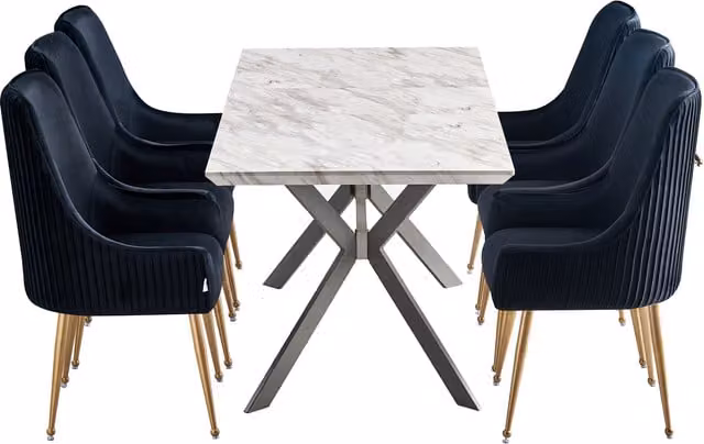 Life Interiors Soho Blaze LUX Dining Set with Extendable Marble Table and 6 Black Velvet Padded Chairs with Gold X-Frame Legs