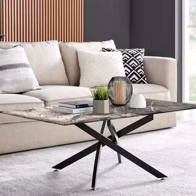 FurnitureboxUK Leonardo Coffee Table with Grey Marble Effect Glass Top and Black Metal X-Frame Legs