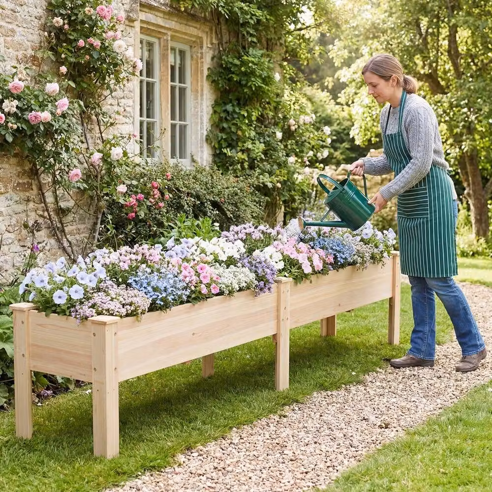 VOGREX Brown Fir Wood Raised Garden Bed with Legs, W: 240 cm, D: 44 cm, H: 51.5 cm – 4