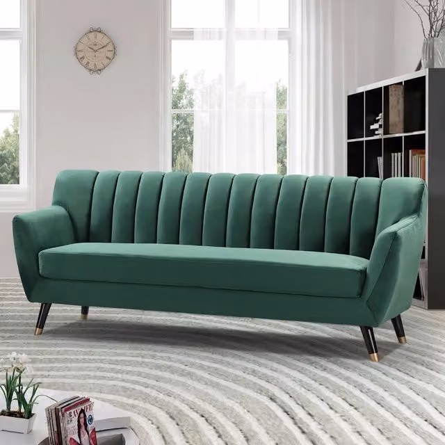 Artemis Home Morgan 3 Seat Green Velvet Upholstered Sofa with Solid Wood Frame