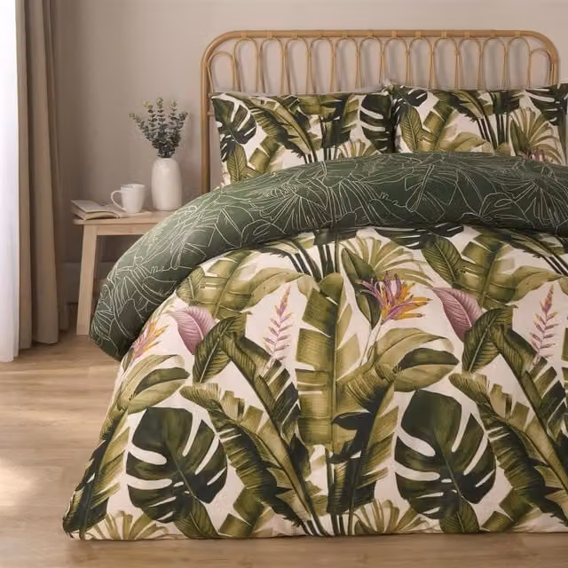 OHS Reversible Floral Green Summer Duvet Cover Set, W/D/H: 180 x 200 cm