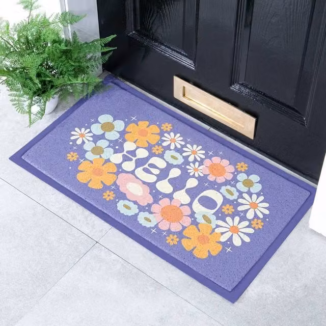 Artsy Mats Elizabeth Olwen Hello Floral Indoor/Outdoor Doormat in Purple, W/D: 70 x 40 cm