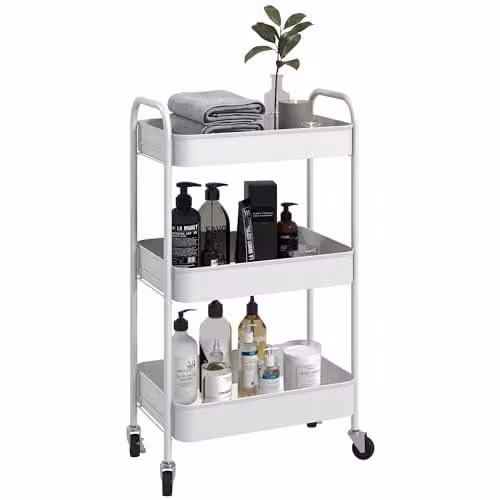 HOMCOM 3-Tier Rolling Utility Storage Trolley with Mesh Baskets, White, W/D/H: 45 x 30.6 x 79 cm